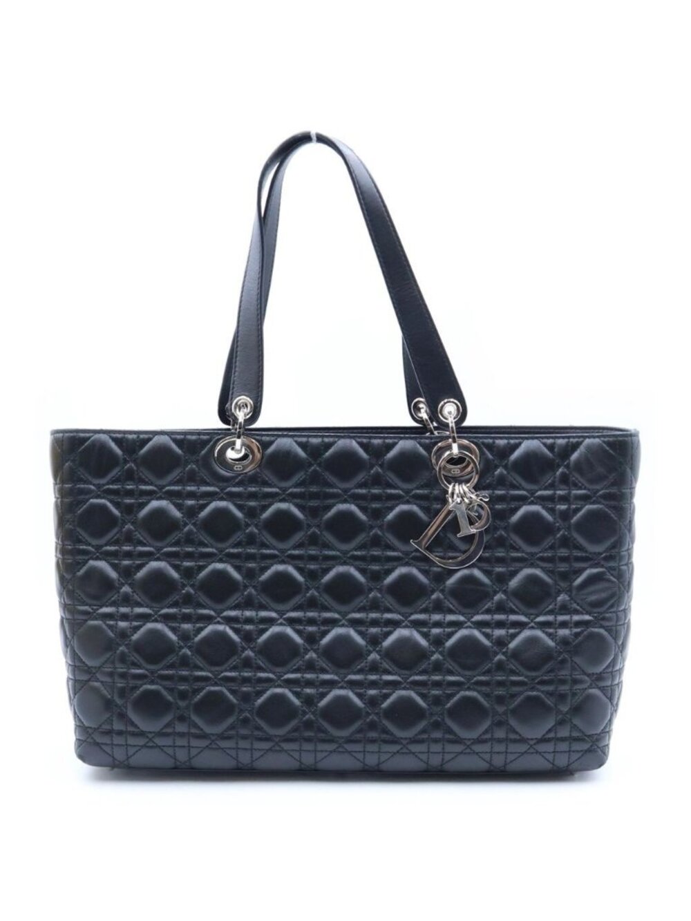 Dior Lady Cannage Tote Bag Black Leather Silver